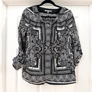 NY Collection Satin Tapestry Tassel Collar Blouse Top Black White Paisley Medium